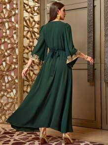 Layrah Elegant Party Dark Green And Gold Embroidered Bell Sleeve Dress, Modest Kaftan
