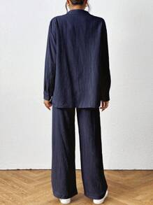 SHEIN PETITE 2pcs/Set Women Solid Color Top And Pants, Minimalist Fashion Casual Everyday Wear - Navy Blue - View 2