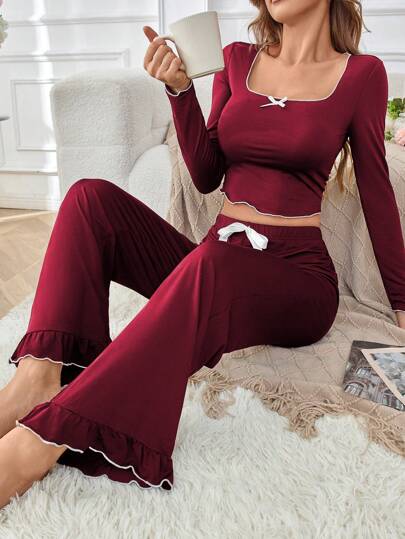 Contrast Long Sleeve Top Pants Pajama Set, Fall Clothes view 3