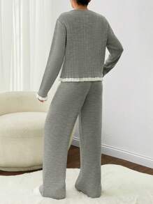RueChic 2pcs Women's Autumn/Winter Ruffled Ribbed Long Sleeve Sweater And Long Pants Set - Grey - View 3