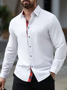 Manfinity Mode 男士秋季长袖单排扣休闲通勤衬衫 - 白色 - 查看 3