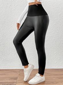 SHEIN Essnce Quần legging bó bụng không đường may cạp cao cho nữ, quần legging tập yoga bó, quần PU, quần thể thao, quần đạp xe, màu đen - màu đen - Xem 1