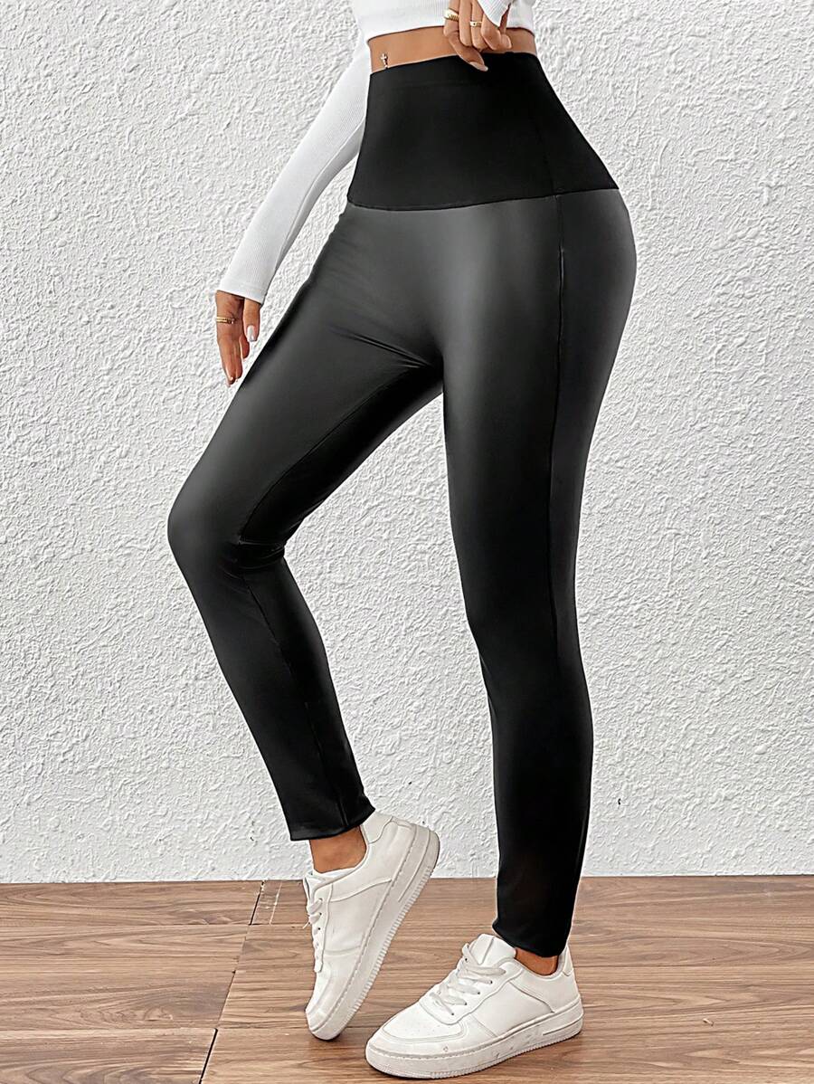 SHEIN Essnce Quần legging bó bụng không đường may cạp cao cho nữ, quần legging tập yoga bó, quần PU, quần thể thao, quần đạp xe, màu đen - màu đen - Xem 1