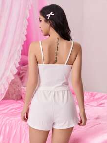 ROMWE Kawaii 浪漫情人节可爱针织罗纹蝴蝶结无袖上衣和短裤睡衣套装