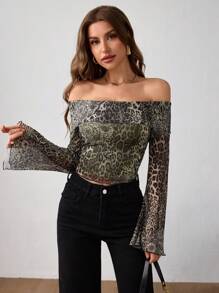 SHEIN EZwear Top con stampa leopardata in in rete a spalle scoperte di moda - Multicolore - Visualizzare 5