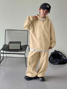 2pcs Tween Boys Casual Korean Style Flocking Fabric Hoodie Sweatshirt And Straight Leg Loose Sweatpants Set, Suitable For Commuting, School, Leisure, Travel, Sports, Spring/Summer/Autumn/Winter