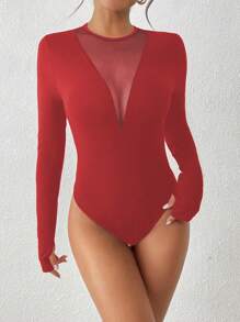 INAWLY Women Solid Color Slim-Fitting Splice Mesh Long Sleeve Bodysuit, Spring/Autumn - Red - View 6