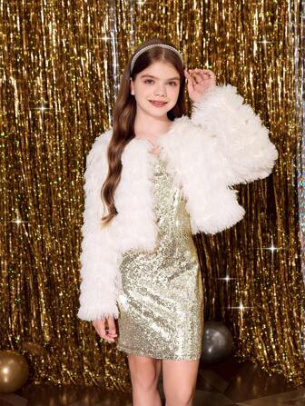 SHEIN 2 件套 Tween 女童亮片连衣裙和蓬松开衫套装，优雅