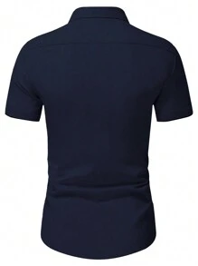 Manfinity Mode Men's Solid Color Button-Up Short Sleeve Casual Shirt, Daily Wear - Navy Blue - View 2