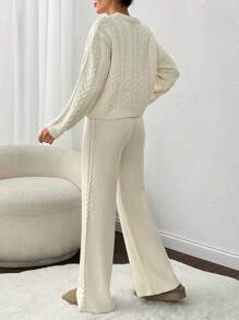 EURMUSE Women Round Neck Cable Knit Autumn/Winter Sweater And Sweater Pant 2 Two Piece Set - Cream - View 2