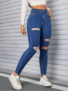 SHEIN Tall Women's Front Button Pocket Distressed Minimalist Slim Fit Casual Jeans - Medium Wash - View 4