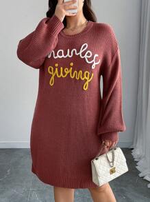 SHEIN LUNE Plus Size Women Solid Color Knit Round Neck Letter Print Long Sleeve Casual Minimalist Sweater Dress, Autumn/Winter Fall Cloth For Women - Multicolor - View 4