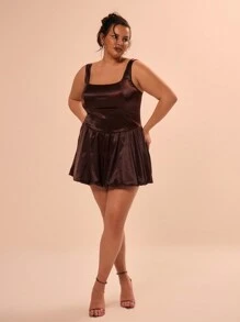 MUSERA Plus Size Satin Square Neck Puffball Mini Dress Outfit For Occasion, Wedding Guest, Summer Vacation, Spring Break, , Races, Formal, Elegant Ibiza, Holiday Flowy, Versitile - Brown - View 4