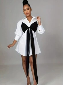 Robe mini CAPRI CHIC pour Noël/élégante/fête/festival avec blocs de couleurs noir et blanc et décoration avec nœud, pour le printemps et l'automne - Noir et Blanc - Voir 1