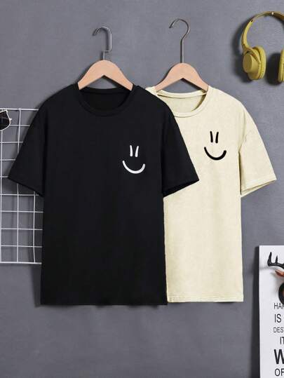 SHEIN Set de 2 piezas Camiseta de cuello redondo con estampado de cara sonriente para niños adolescentes