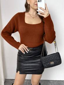 SHEIN Unity Plus Size Women Square Neck Long Sleeve Casual Sweater, Autumn/Winter Knit Pullover Fall - Orange - View 1