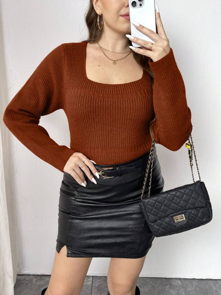 SHEIN Unity Plus Size Women Square Neck Long Sleeve Casual Sweater, Autumn/Winter Knit Pullover Fall - Orange - View 1