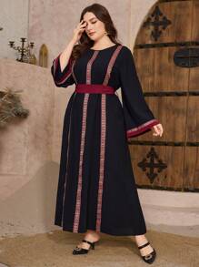 Al Najma Vestido casual feminino muçulmano plus size, gola redonda, mangas sino, patchwork estilo nacional, adequado para uso diário