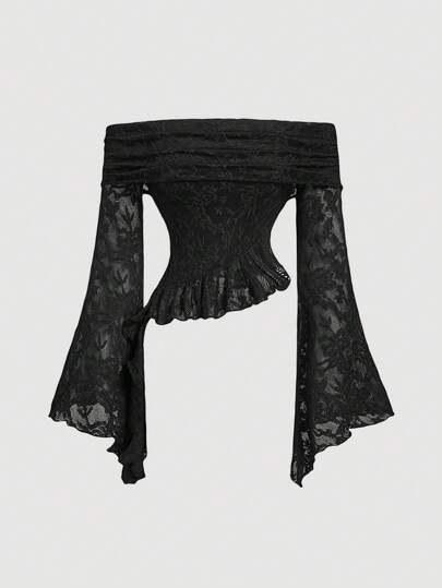 SHEIN MOD Spets, bara axlar, volangkant, klockarm, damtopp, vintage, festtopp, nyår, alla hjärtans dag-topp