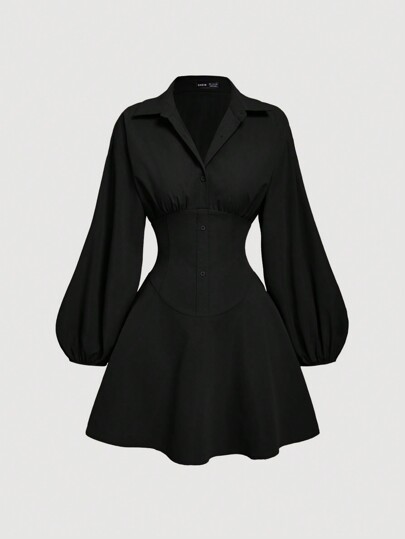 SHEIN MOD Vestido-camisa de manga larga ajustado de color caqui con mangas abullonadas para mujer, camisa oversize para mujer, camisa abotonada para mujer, vestido-camisa