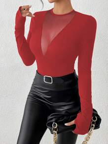 INAWLY Women Solid Color Slim-Fitting Splice Mesh Long Sleeve Bodysuit, Spring/Autumn - Red - View 5