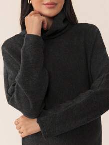 SHEIN 婴儿洗礼秋冬孕妇装，高领落肩袖，孕妇紧身针织连衣裙 - 黑色 - 查看 9