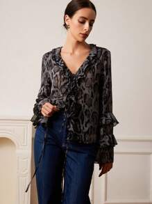 Aveloria Rosie Casual Leopard Print Ruffle Sleeve Tie Front Sheer Chiffon Blouse, Lightweight For Spring & Summer - Multicolor - View 5