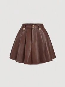 SHEIN MOD กระโปรงสีพื้นเอวสูง ริ้วพับ PU สีน้ำตาล, กระโปรง PU สีน้ำตาล, กระโปรงสั้นริ้วพับ, กระโปรงสีน้ำตาลใส่ในฤดูหนาว, กระโปรงหนังสีน้ำตาล - สีน้ำตาล - ดู 1