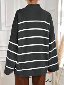 EURMUSE Women's Casual Color Block Striped Stand Collar Bell Sleeve Sweater, Autumn/Winter - Dark Grey - View 2