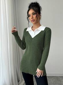 Elenzga Color Block 2 In 1 Long Sleeve Sweater For Women Knit Pullover Fall Winter Sweater - Army Green - View 4