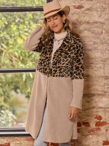 LanaWest 女士毛茸茸豹纹拼布长袖休闲夹克，适合户外室内家居穿着 - 彩色 - 查看 3
