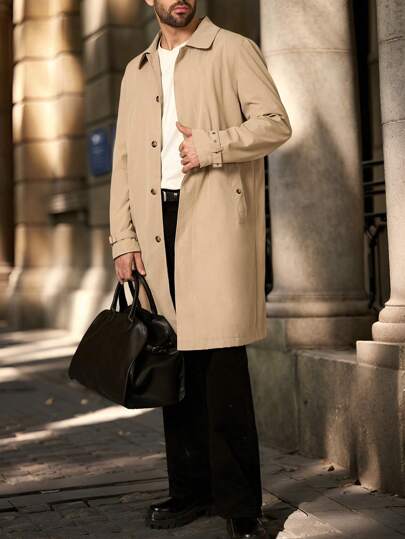 Manfinity VCAY 男士修身翻领保暖内衬长袖风衣，适合秋冬季，外出时尚卡其色风衣，适合朋友、丈夫、男朋友的礼物