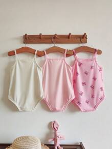 SHEIN Vintaside Kids 3件套女婴春夏休闲日常柔软针织蝴蝶结图案连体衣套装，甜美可爱粉色 - 粉色 - 查看 7