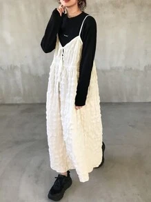 FRIFUL 女士纯色前系带宽松吊带中长连衣裙，适合秋夏季，休闲女装 - 米色 - 查看 2