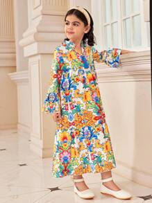 年轻女孩 Kaftan Jalabiya 束腰连衣裙，斋月和国庆节庆祝斋月传统服装，花卉波西米亚瓷器印花连衣裙，优雅时尚 - 彩色 - 查看 4