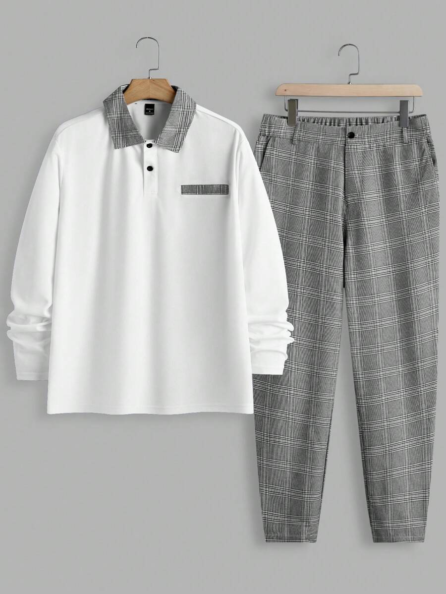 Manfinity Homme Men Plaid Patchwork Long Sleeve Polo Shirt And Trousers Set - White - View 1
