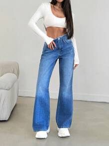 EURMUSE Women's Front Button Pocket Simple Denim Casual Pants, Everyday Casual Wear - Medium Wash - View 5