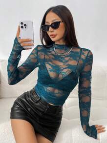 SHEIN Unity 1pc Women's Stand Collar Long Sleeve Sheer Sexy Lace Top (Random Cut) Fall Cloth For Women - Teal Blue - View 4