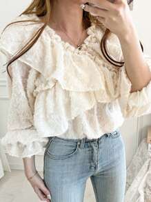 DAZY Women's Textured Fabric Ruffle Collar Casual Blouse, Spring/Summer - Apricot - View 4