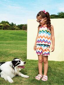 SHEIN Young Girl' Cute Funny Gradient Print Halter Neck Top And Shorts 2 Pieces Set - Multicolor - View 3