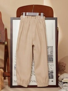 PrepCrw 年轻女孩棕色直筒裤配腰带，时尚学院风裤子，秋冬 - 杏色 - 查看 2