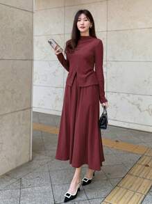 DAZY Set de 2 piezas con top de mujer tipo pullover y falda de corte evasé - Burdeos - Ver 6