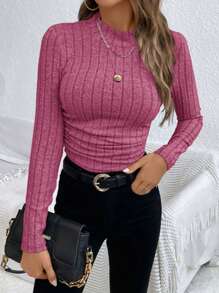 SHEIN Frenchy Slim Fit Ribgebreid T-shirt Groen Shirring Met Plooien Aan De Zijkant