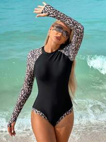 Swim SPRTY Women's Casual Leopard Print Splice Round Neck Long Sleeve Triangular Surfing One-Piece Swimsuit Summer