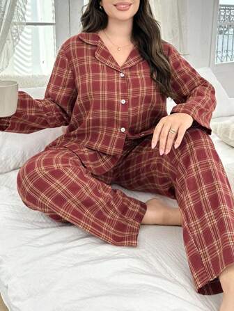 Plus Size Plaid Print Lapel Cardigan Long Sleeve & Long Pants Pajamas Set