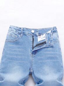 Tween Boy 中号水洗蓝色休闲松紧腰牛仔裤，百搭 - 淺色水洗藍 - 查看 6