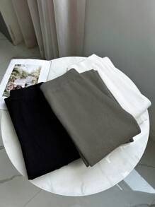 Chiquease 连体毛绒条纹针织喇叭裤，高腰弹力修身全长裤，适合秋冬季 - 深灰色 - 查看 5