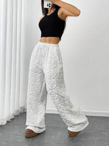 SHEIN Unity Basic Textured Jacquard Elastic Waist Sweatpants, Autumn/Winter Fall Cloth For Women - White - View 1