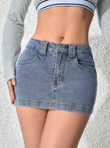 SHEIN PETITE 休闲洗水修身迷你牛仔裙 - 霧霾藍 - 查看 6