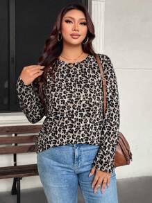 SHEIN LUNE 大码女式豹纹圆领短袖休闲 T 恤，春夏季西部女装，纳什维尔，夏季波西米亚风复古风 - 彩色 - 查看 7